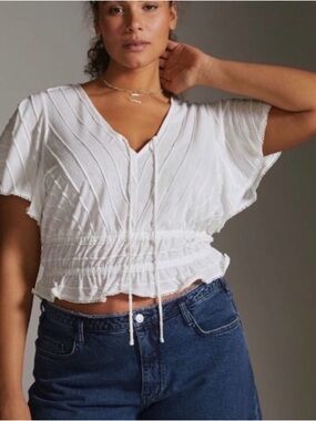 Anthropologie White Tie-Front Peplum Crop Top with Flutter Sleeves 2X